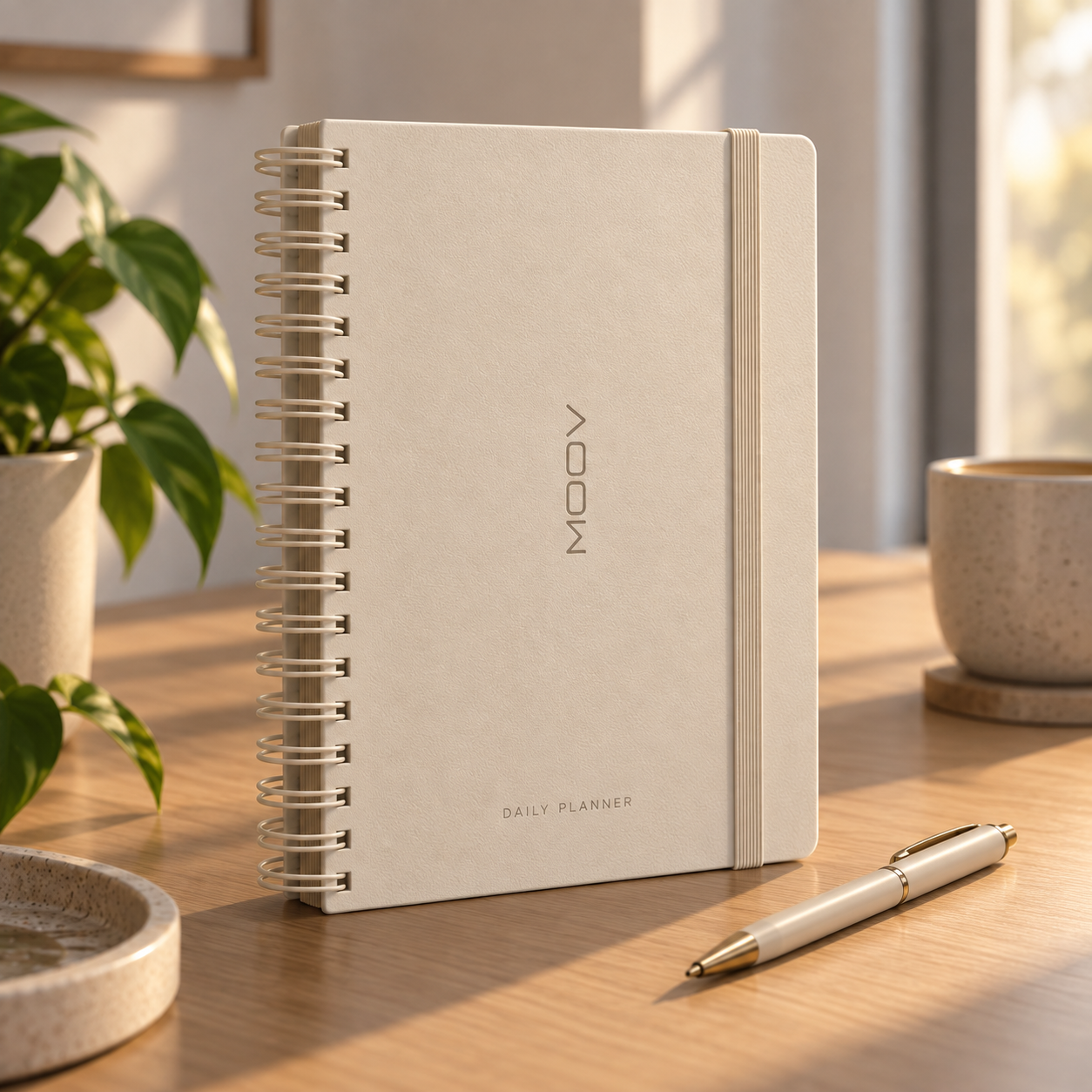 MOOV Daily Planner standing on a desk beside a black pen and coffee cup