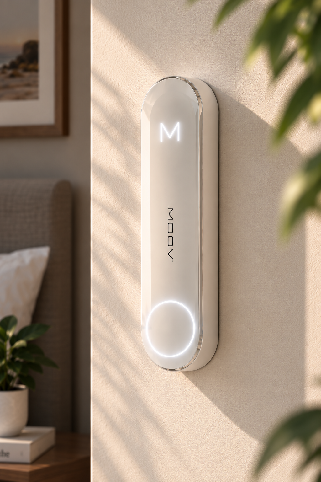 MOOV device mounted on a warm beige wall with soft botanical shadows