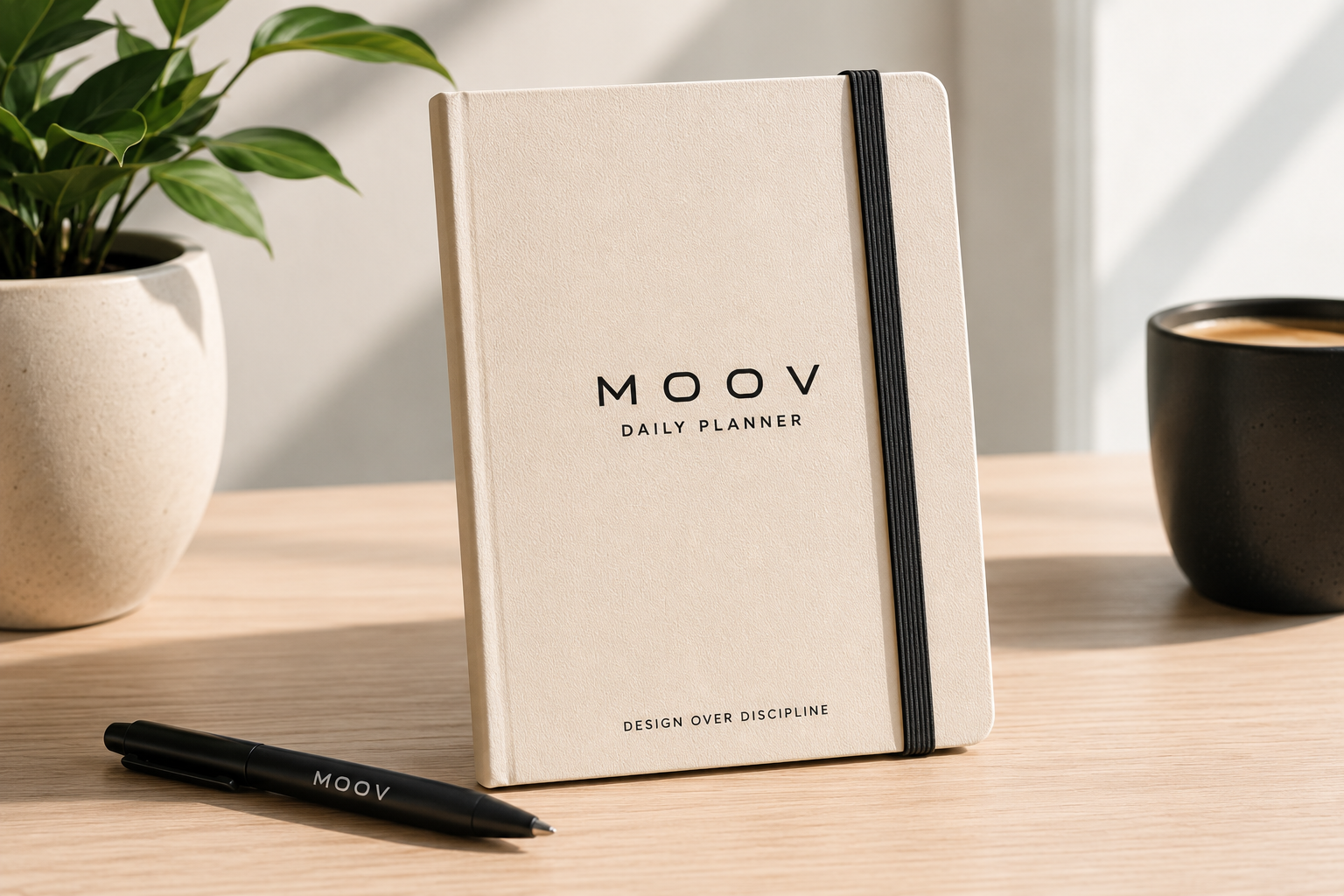 MOOV Daily Planner standing on a desk beside a black pen and coffee cup